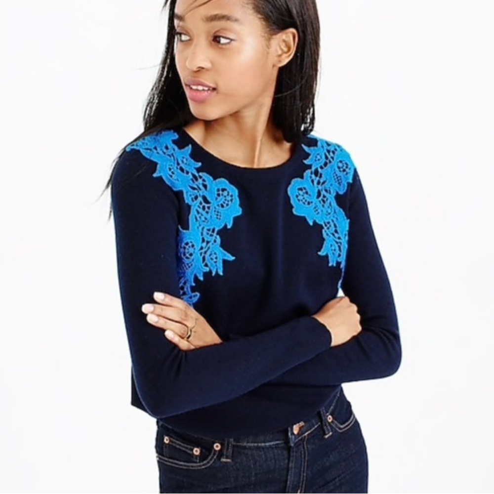 J. Crew Navy Sweater with Blue Lace Detail
